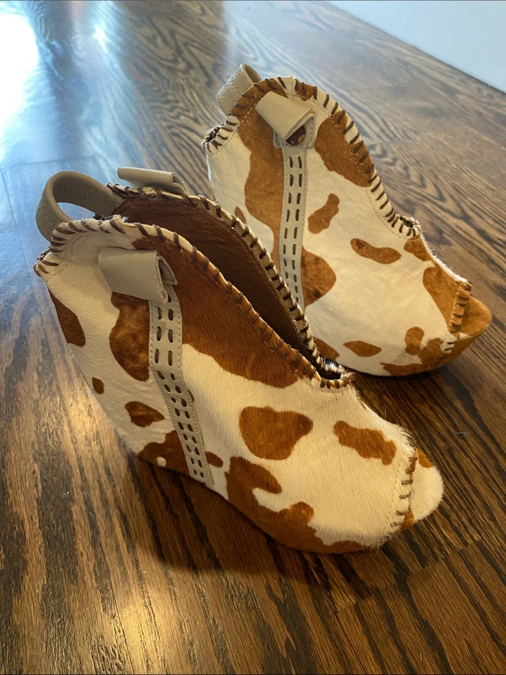 Jeffrey Campbell Cowhide Peep-Toe Wedges in Brown and Cream